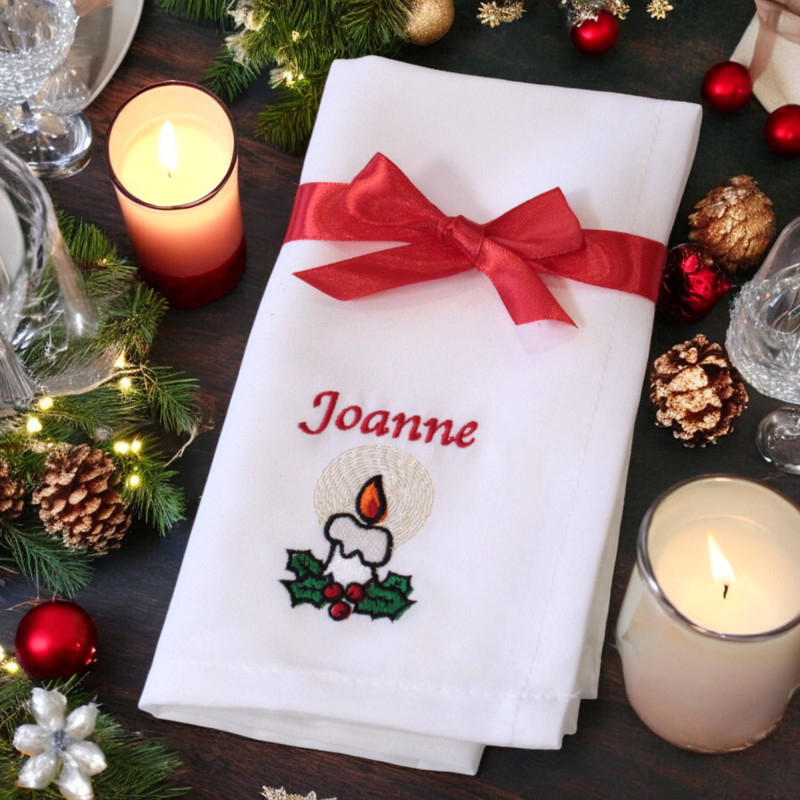 Personalised Christmas Napkin Candle Embroidered Napkin