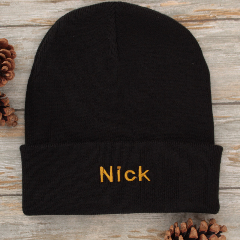 Personalised Beanie Hat Black Winter Cuffed Knit Hat