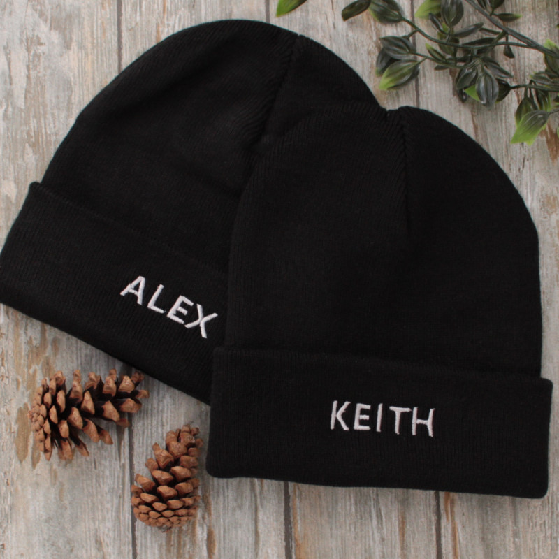His and Hers Beanie Hats Personalised Black Beanies