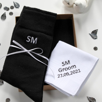Personalised Groom Gift Boxed Set Wedding Handkerchief and Socks