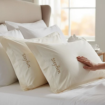 Personalised Embroidered Cream Egyptian Cotton Oxford Pillowcases – Custom Luxury Bedding Set - personalised oxford pillowcase embroidery