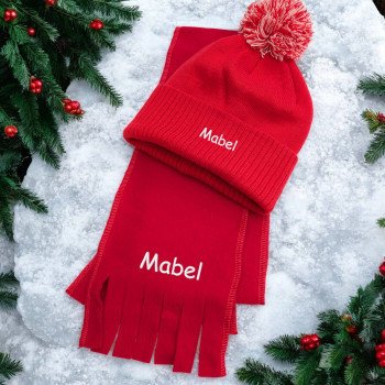 Childs Scarf and Beanie Hat Personalised Red Kids Set