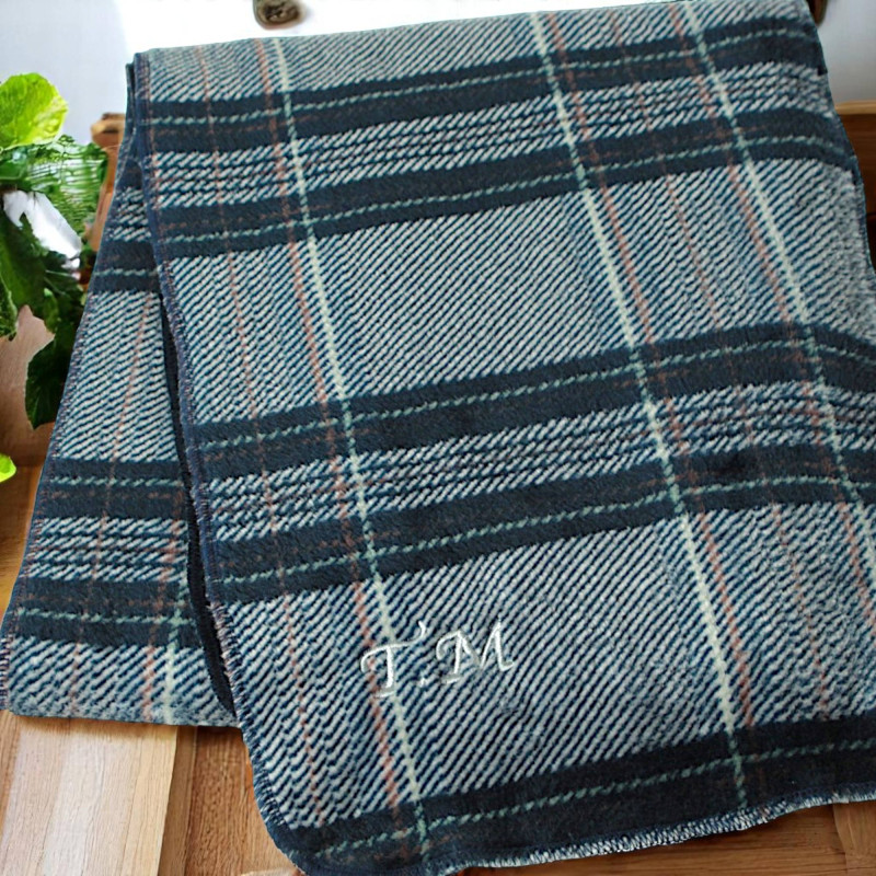 Monogrammed Mens Scarf Navy Tartan Sherpa Fleece Scarf