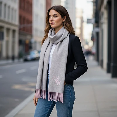 Personalised Lambswool Scarf Ladies Grey and Pink Embroidered Scarf