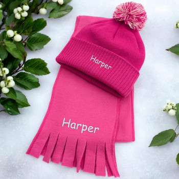 Childs Scarf and Bobble Hat Personalised Pink Kids Set