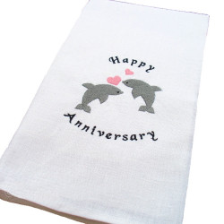 Anniversary Tea Towel Dolphin Hearts Embroidered Anniversary Tea Towel Dolphin Hearts Embroidered