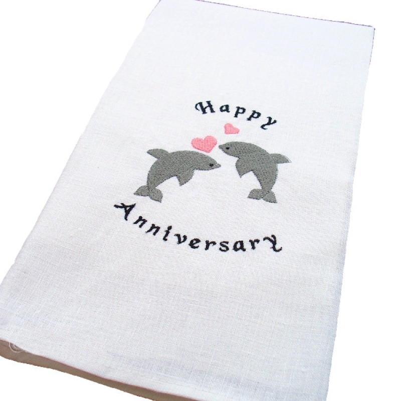 Anniversary Tea Towel Dolphin Hearts Embroidered