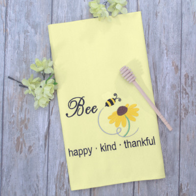 Embroidered Tea Towel Gift Bee Happy Towel and Honey Spoon