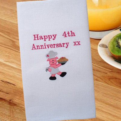 Personalised Tea Towel Embroidered Chef Pig Kitchen Towel