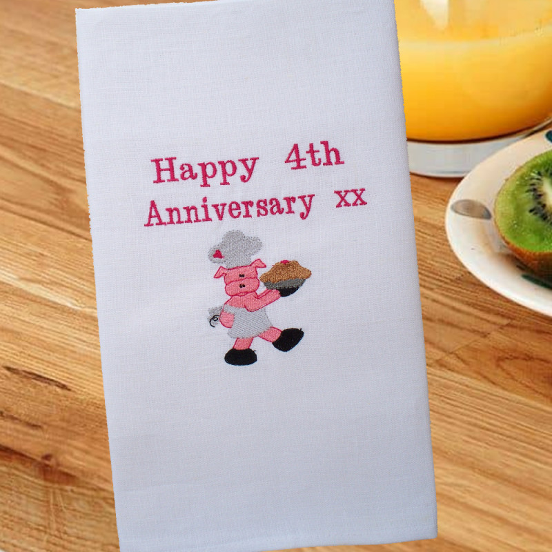 Personalised Tea Towel Embroidered Chef Pig Kitchen Towel