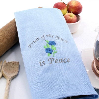 Embroidered Blue Tea Towel Fruit of the Spirit is Peace Gift Towel