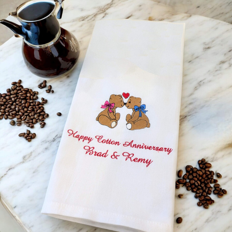 Anniversary Tea Towel Personalised Tea Towel Kissing Bears