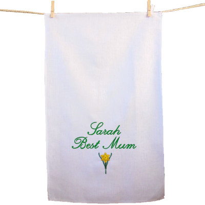 Personalised Tea Towels Daffodil Flower Embroidered Towel