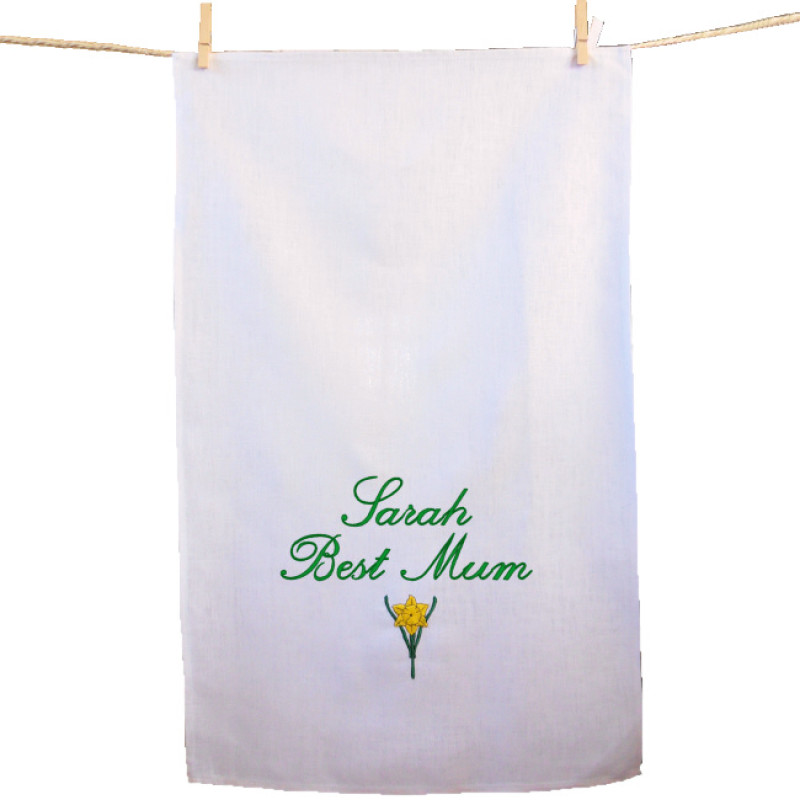Personalised Tea Towels Daffodil Flower Embroidered Towel