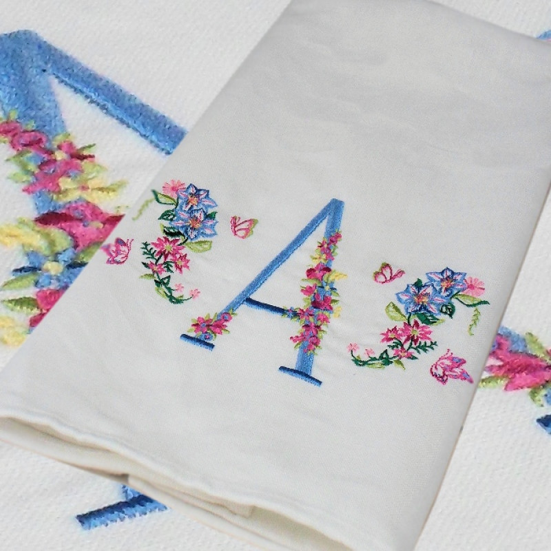 Personalised Initial Tea Towel Floral Embroidered Monogram