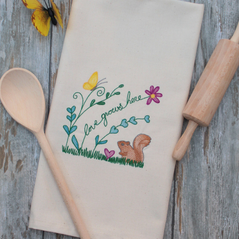 Embroidered Tea Towel Love Grows Here Gardeners Gift