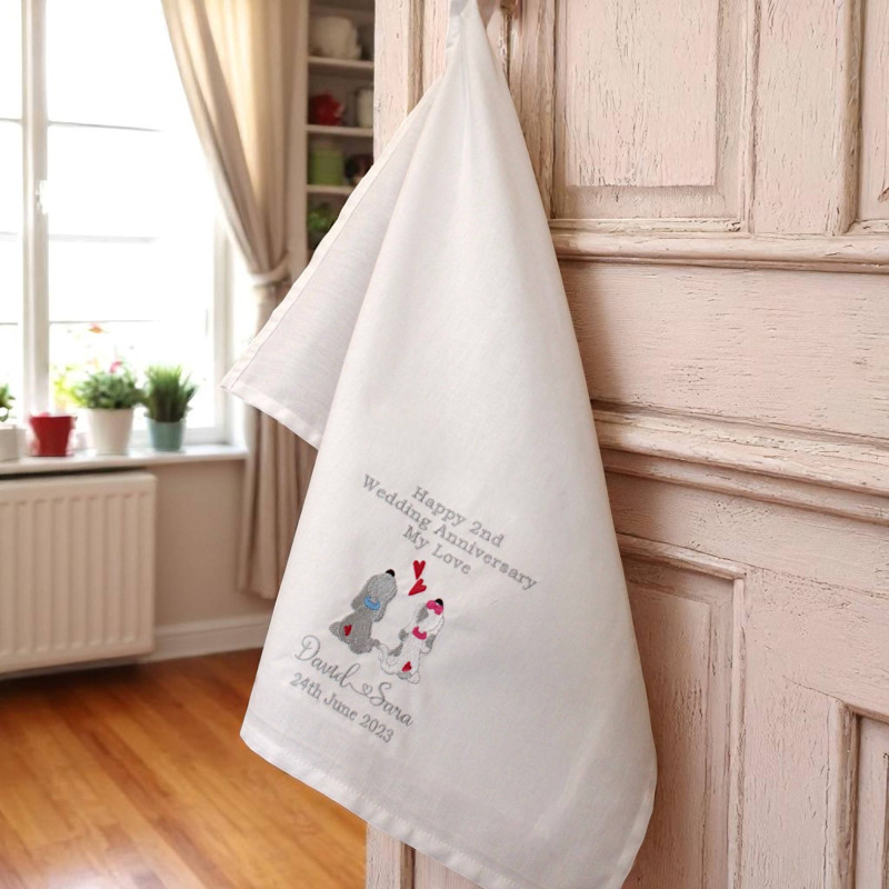 Personalised Cotton Gift Anniversary Message Dog Tea Towel