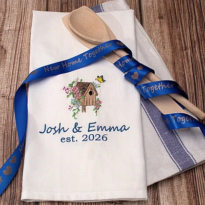 Personalised New Home Gift Set – Embroidered Tea Towels with Names & Est Date