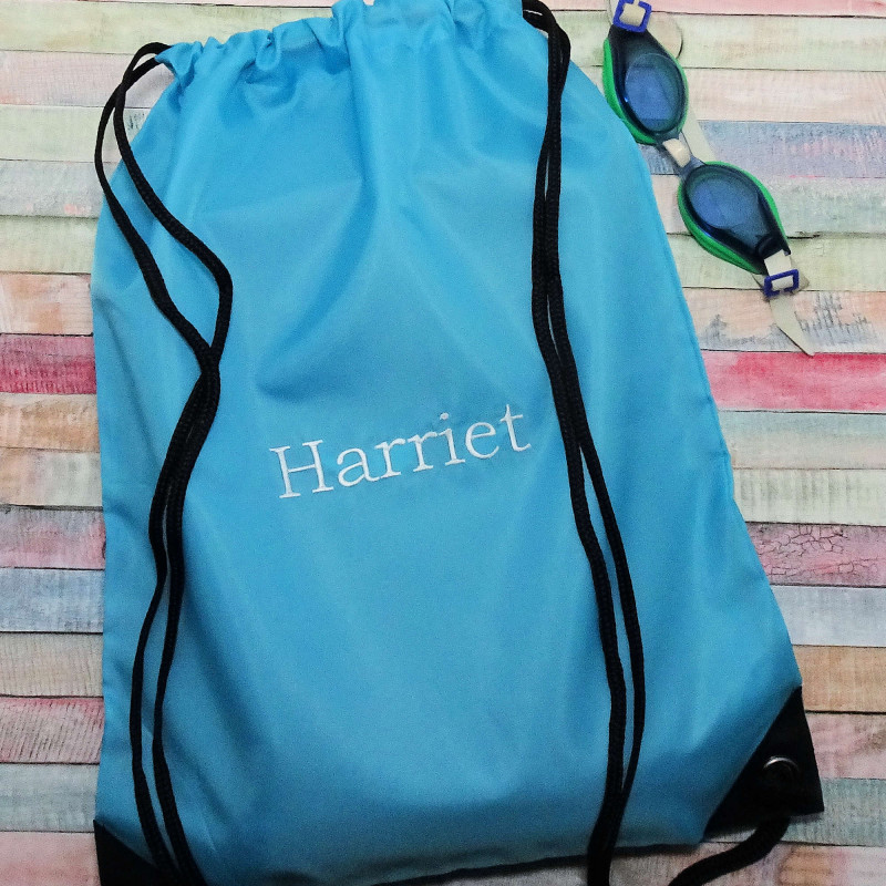 Personalised Drawstring Swim Bag Aqua Blue Gym Sack Embroidered