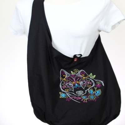 Hobo Chic Sling Bag Embroidered Deco Wolf Eco Cotton Bag