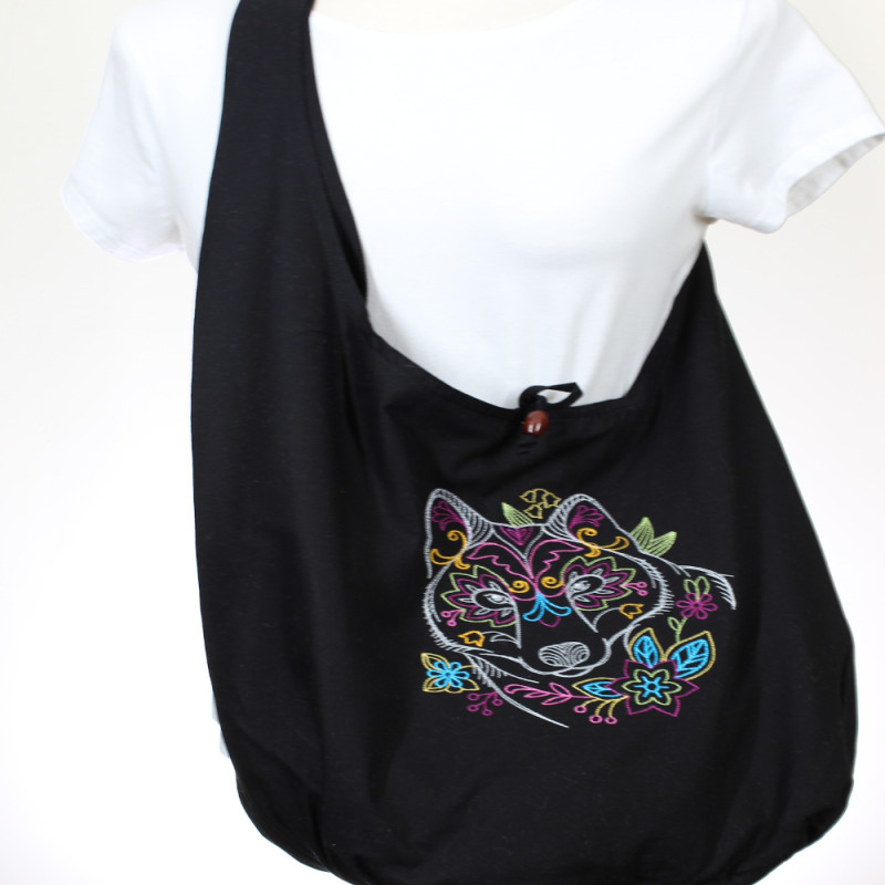 Hobo Chic Sling Bag Embroidered Deco Wolf Eco Cotton Bag
