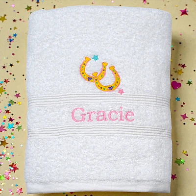 Girls Personalised Horse Bath Towel - girl personalised bath towel horseshoes