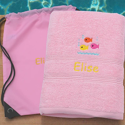 Girls Personalised Swim Set with Name – Pink Towel & Swimming Bag - girls swim towel fish pink