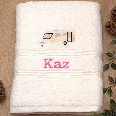 Personalised Caravan Towel – Embroidered Camper Gift for Caravan Lovers - name caravan gift van life towel white