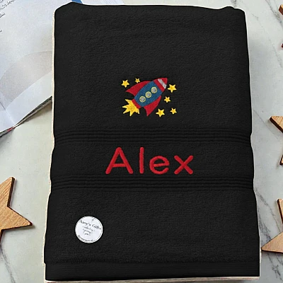 Personalised Rocket Towel with Name – Kids Space Bath & Swim Towel - space rocket towel name black