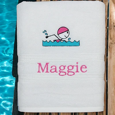 Personalised Swimming Towel with Name – Swimmer Design for Kids - swim towel with name white