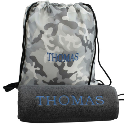 Personalised Towel and Bag Set Charcoal Grey Towel and Camo Gymbag