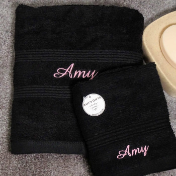 Black Towel Set Personalised Hand Towel and Face Flannel
