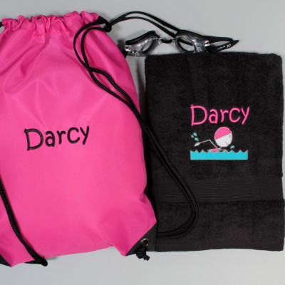 Swimming Towel with Bag Personalised Black and Pink Swim Set