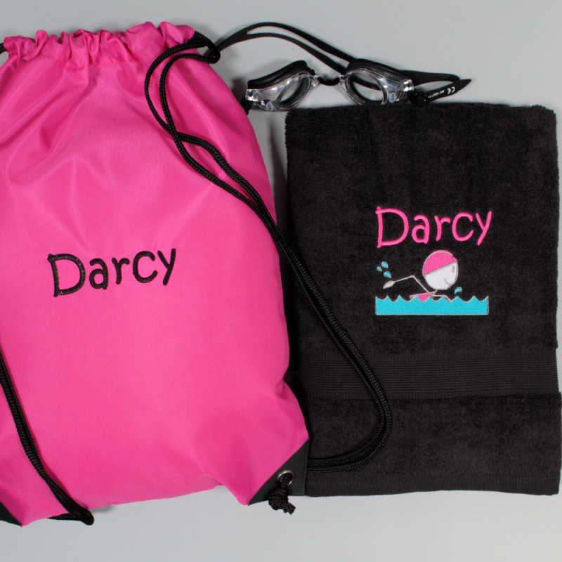 Swimming Towel with Bag Personalised Black and Pink Swim Set