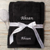 Personalised Towels With Ribbon Black Bath Hand Face Towel Set
