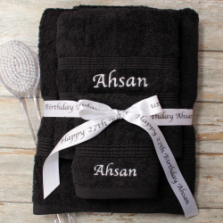 Personalised Towels With Ribbon Black Bath Hand Face Towel Set