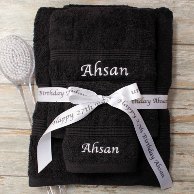 Personalised Towels With Ribbon Black Bath Hand Face Towel Set