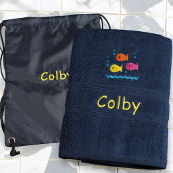 Personalised Swim Towel with Bag Navy Fishes Swimming Set