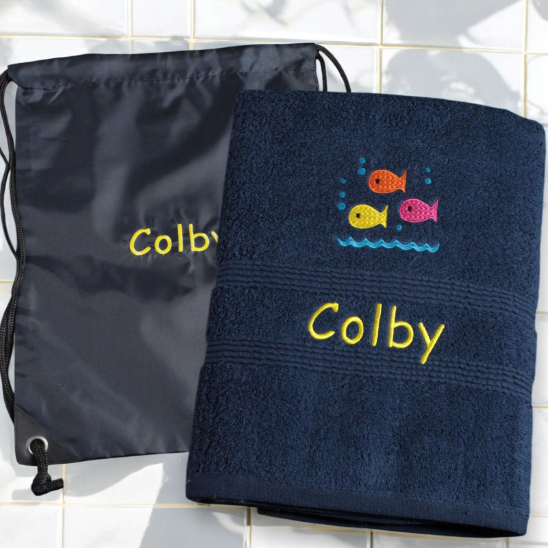 Personalised Swim Towel with Bag Navy Fishes Swimming Set