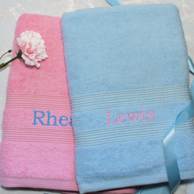Personalised Towels His and Hers Bath Towels Blue Pink Gift Set