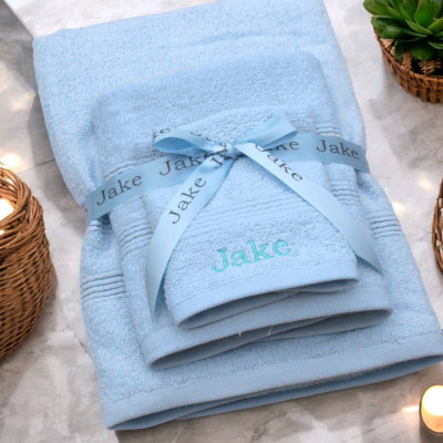 Personalised Towels With Ribbon Blue Bath Hand Flannel Set