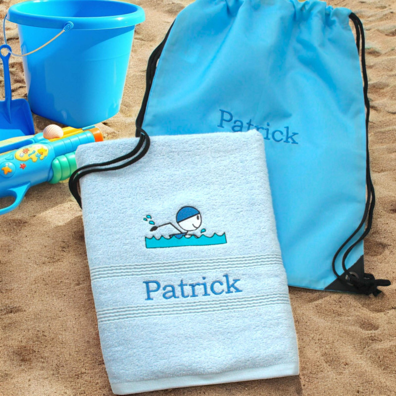 Swim Towel with Bag Personalised Blue Swimmer Towel and Bag Set