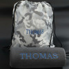 Personalised Towel and Bag Set Charcoal Grey Towel and Camo Gymbag