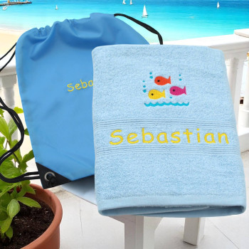 Personalised Swim Towel with Bag Fishes Towel Set