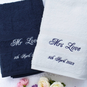 Personalised Anniversary Towels Gift Navy and White Bath Towels