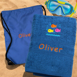 Personalised Swim Towel with Bag Royal Blue Fishes Swimming Set