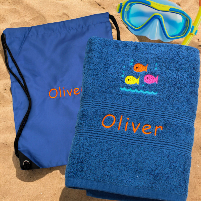 Personalised Swim Towel with Bag Royal Blue Fishes Swimming Set