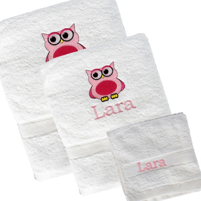 3pc Towel Set Owl Motif Personalised Bath Towel Set