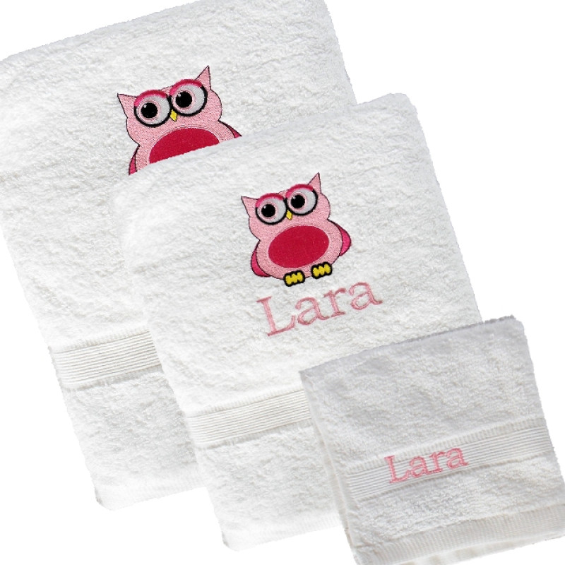 3pc Towel Set Owl Motif Personalised Bath Towel Set