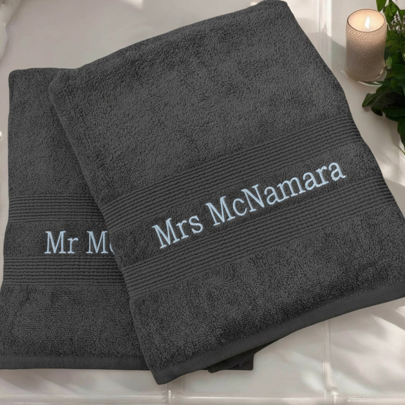 Personalised Bath Sheets Charcoal Grey XL Towels Couples Gift Set